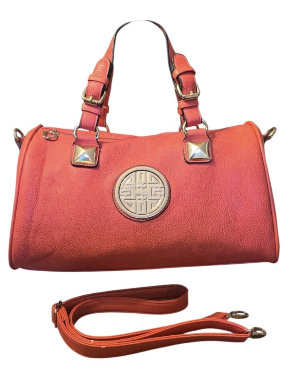 Coral Faux Leather Satchel Bag with Removable Crossbody Strap